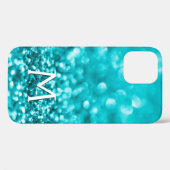 Girly Turquoise Glitter Monogram Case-Mate iPhone Case (Achterkant (horizontaal))