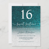 Girly turquoise glitter script chic Sweet 16 Kaart (Voorkant)