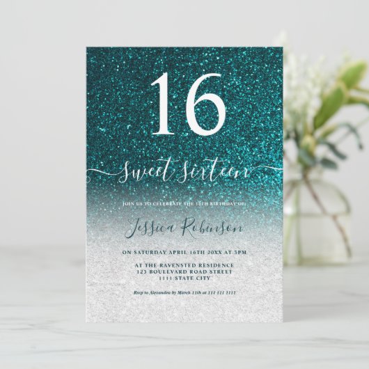Girly turquoise glitter script chic Sweet 16 Kaart (Staand voorkant)