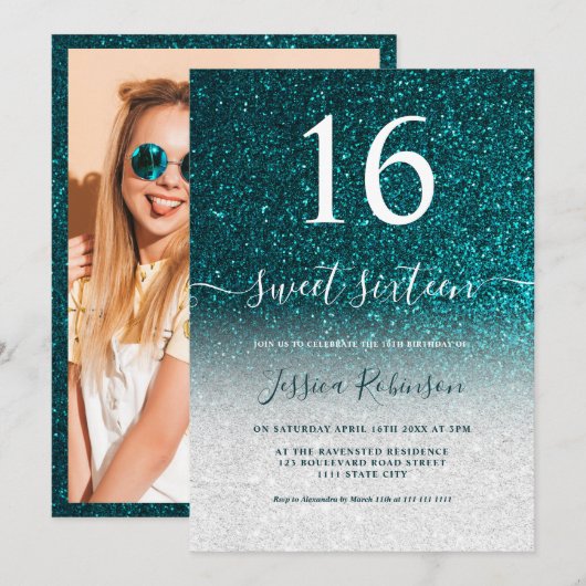 Girly turquoise glitter script chic Sweet 16 Kaart (Voorkant / Achterkant)