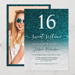 Girly turquoise glitter script chic Sweet 16 Kaart