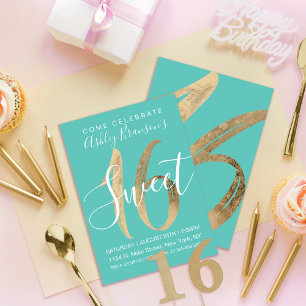 Girly Turquoise Green Gold Foil Sweet 16 Kaart