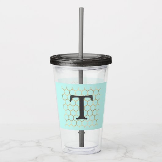 Girly Turquoise Green Gold Hexagon Monogram Acryl Drinkbeker (Voorkant)