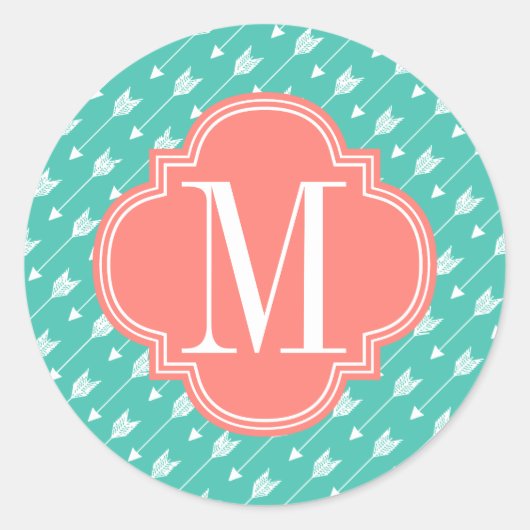 Girly Turquoise & Koraal Tribal Pijlen Aangepast Ronde Sticker (Voorkant)