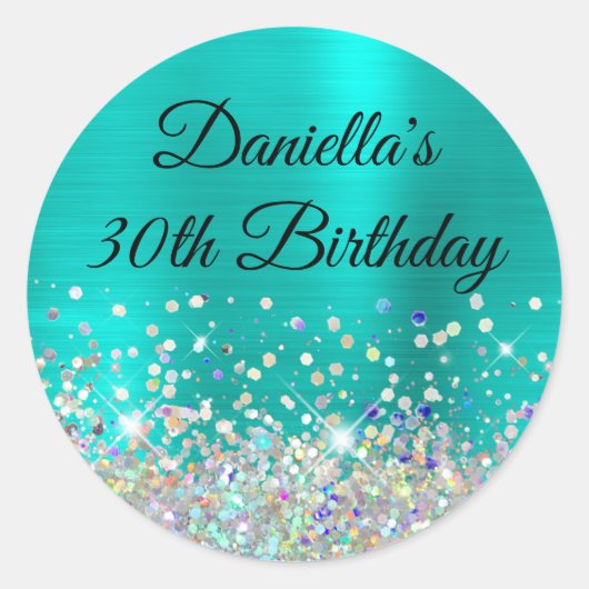 Girly Turquoise Ombre Holo Glitter 30th Birthday Ronde Sticker (Voorkant)
