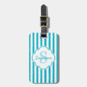 Girly Turquoise Painted Stripes Monogram en naam Bagagelabel (Voorkant verticaal)