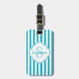 Girly Turquoise Painted Stripes Monogram en naam Bagagelabel
