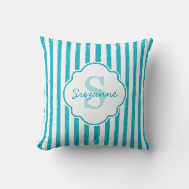 Girly Turquoise Painted Stripes Monogram en naam Kussen (Voorkant)