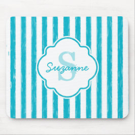 Girly Turquoise Painted Stripes Monogram en naam Muismat