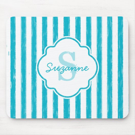 Girly Turquoise Painted Stripes Monogram en naam Muismat (Voorkant)