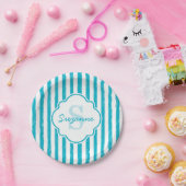 Girly Turquoise Painted Stripes Monogram en naam Papieren Bordje (Feest)