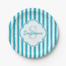Girly Turquoise Painted Stripes Monogram en naam