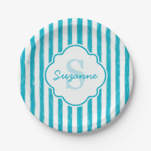 Girly Turquoise Painted Stripes Monogram en naam Papieren Bordje