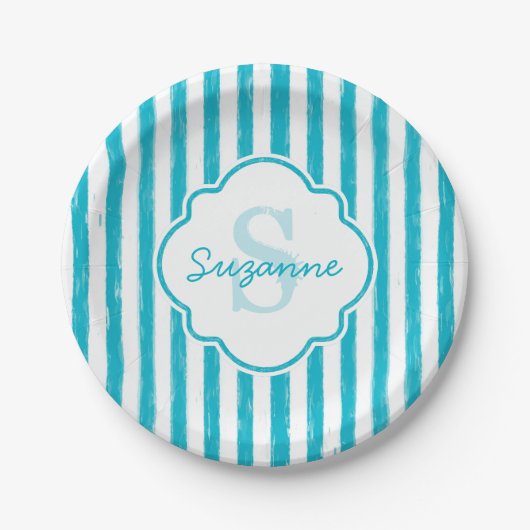 Girly Turquoise Painted Stripes Monogram en naam Papieren Bordje (Voorkant)