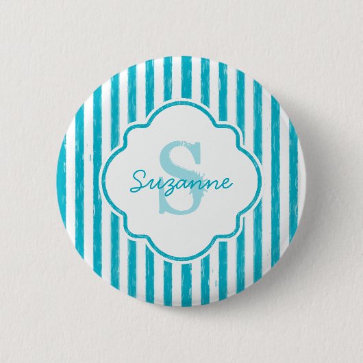 Girly Turquoise Painted Stripes Monogram en naam Ronde Button 5,7 Cm (Voorkant)