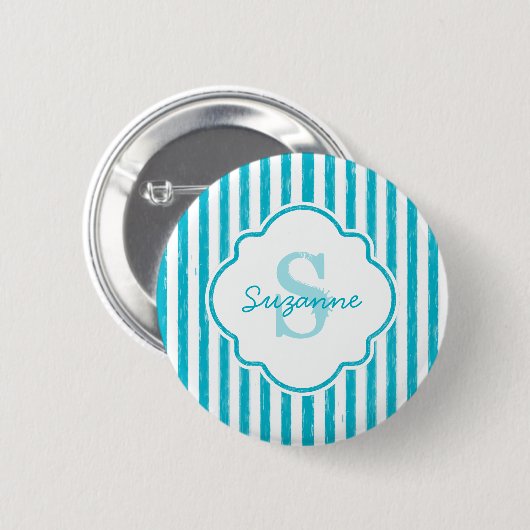 Girly Turquoise Painted Stripes Monogram en naam Ronde Button 5,7 Cm (Voorkant /achterkant)