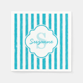 Girly Turquoise Painted Stripes Monogram en naam Servetten
