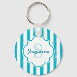 Girly Turquoise Painted Stripes Monogram en naam Sleutelhanger