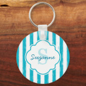 Girly Turquoise Painted Stripes Monogram en naam Sleutelhanger (Voorkant)