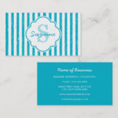 Girly Turquoise Painted Stripes Monogram en naam Visitekaartje (Voorkant / Achterkant)