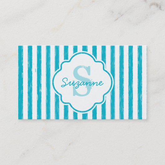 Girly Turquoise Painted Stripes Monogram en naam Visitekaartje (Voorkant)