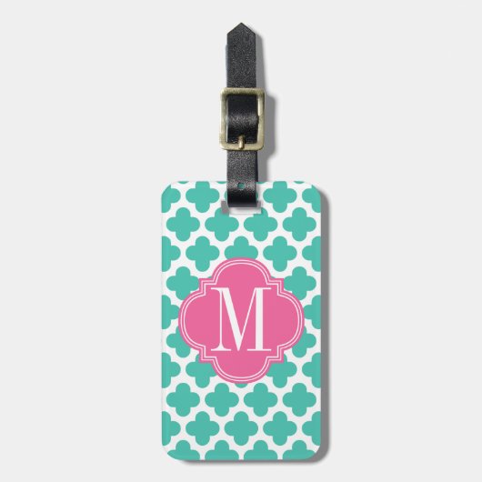 Girly Turquoise & Pink Quatrefoil op maat gemaakt Bagagelabel (Voorkant verticaal)