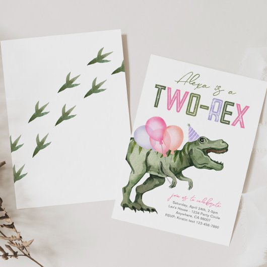 Girly Two-Rex Dinosaurus Verjaardag Uitnodiging