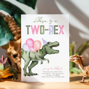 Girly Two-Rex Dinosaurus Verjaardag Uitnodiging