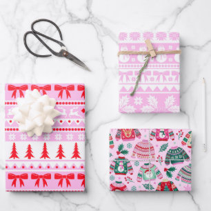 Girly Ugly Sweater Roze, Rood en Groen Kerstmis Inpakpapier Vel