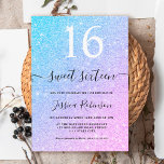 Girly unicorn glitter sparkles chic Sweet 16 Kaart<br><div class="desc">Een koele en girale lichte eenhoorn blauwe gradiënt om roze glitter sparkles ombre Sweet 16 verjaardagsfeestuitnodiging,  voeg uw foto aan de achterkant toe</div>