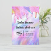 Girly Unicorn Holographic Glitter Drip Baby shower Kaart (Staand voorkant)