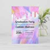 Girly Unicorn Holographic Glitter Drips Afstuderen Kaart (Staand voorkant)