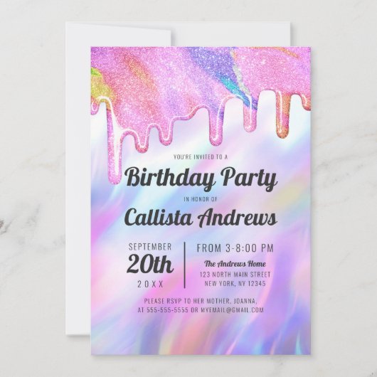 Girly Unicorn Holographic Glitter Drips Verjaardag Kaart (Voorkant)