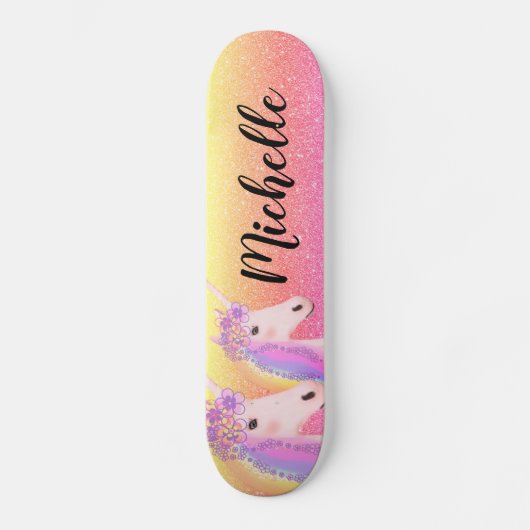 Girly Unicorn Rainbow Glitter Personalized Kids Persoonlijk Skateboard (Voorkant)