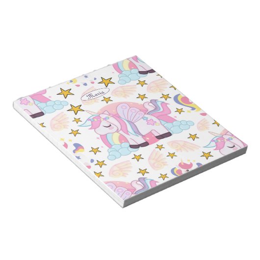 Girly Unicorn Rainbow Stars Aangepaste naam Notitieblok (Schuin)