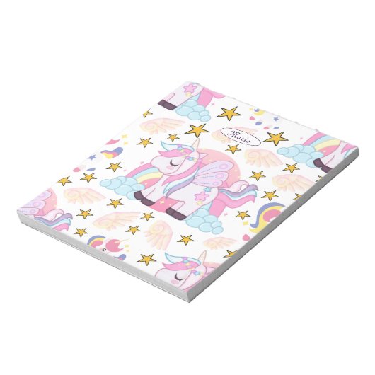 Girly Unicorn Rainbow Stars Aangepaste naam Notitieblok (Linkerzijde)