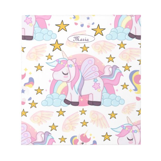 Girly Unicorn Rainbow Stars Aangepaste naam Notitieblok (Voorkant)