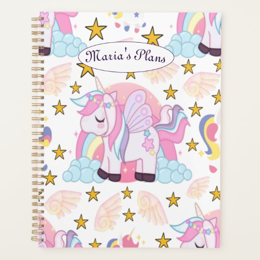 Girly Unicorn Rainbow Stars Aangepaste naam Planner (Voorkant)