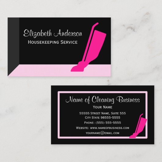 Girly Vacuum Roze en Zwarte Huishoudservice Visitekaartje (Voorkant / Achterkant)
