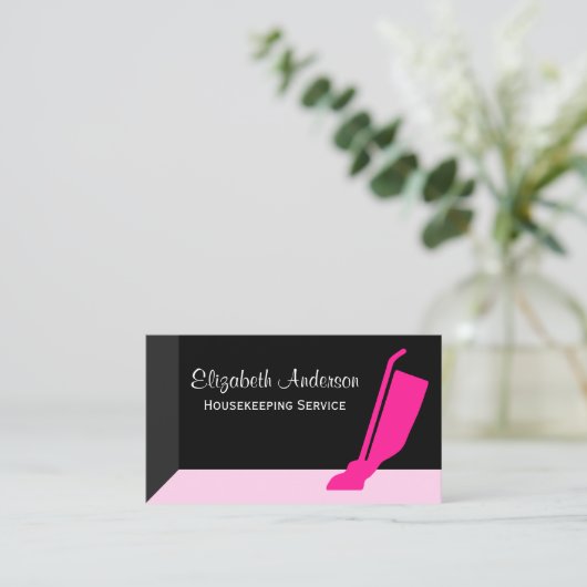 Girly Vacuum Roze en Zwarte Huishoudservice Visitekaartje (Staand voorkant)