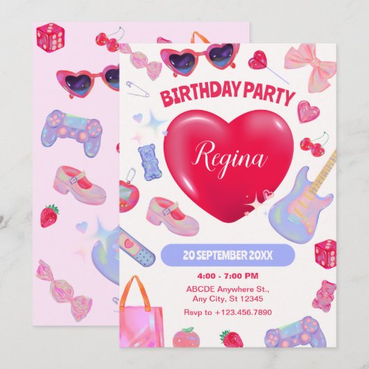 Girly verjaardagsfeestje kaart (Voorkant / Achterkant)