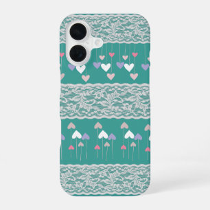 Girly versierd hartpatroon met kant Turquoise iPhone 16 Hoesje