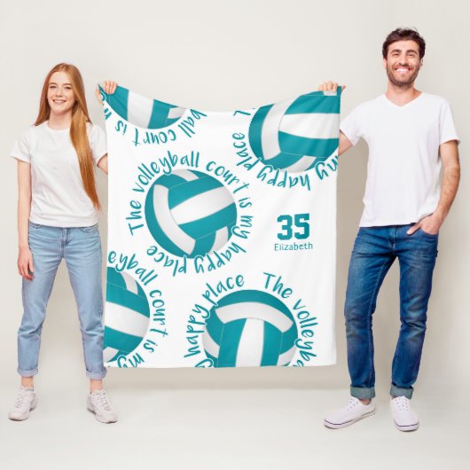 girly volleyball court happy place blauwgroen grij fleece deken (In situ)