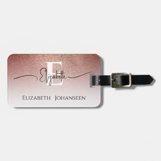 Girly Vrouwelijk Roos Goud Glitter Wit Monogrammed Bagagelabel (Voorkant horizontaal)