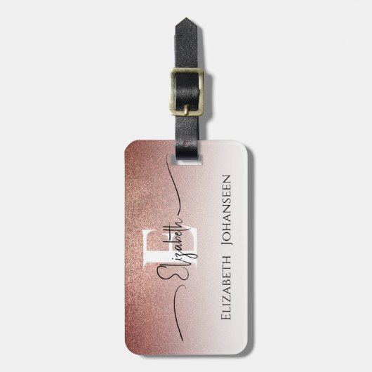 Girly Vrouwelijk Roos Goud Glitter Wit Monogrammed Bagagelabel (Voorkant verticaal)