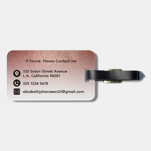 Girly Vrouwelijk Roos Goud Glitter Wit Monogrammed Bagagelabel (Achterkant horizontaal)