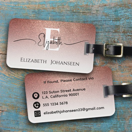 Girly Vrouwelijk Roos Goud Glitter Wit Monogrammed Bagagelabel