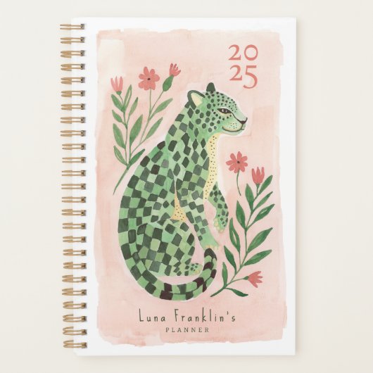 Girly Waterverf Abstracte Geruite Cheetah Bloemen Planner (Voorkant)