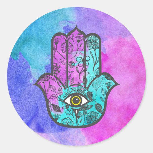 Girly Waterverf Bloemenprint Hamsa Hand van Fatima Ronde Sticker (Voorkant)