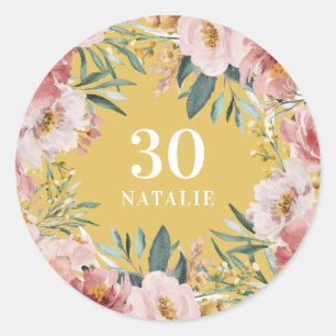 Girly waterverf bloemenverjaardag geel ronde sticker
